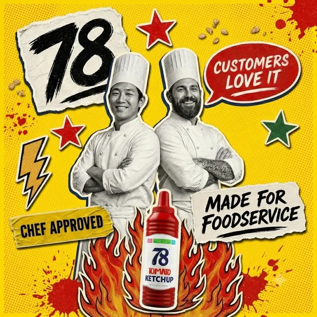 78 Brand ketchup surrounded by real customers in punk-zine collage