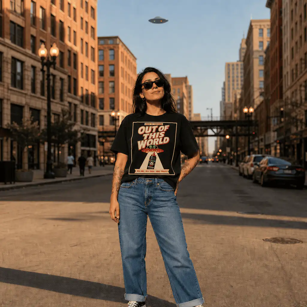 78 Brand Out of This World spicy ketchup t-shirt on a model in Chicago with a UFO, 78 spicy tshirt