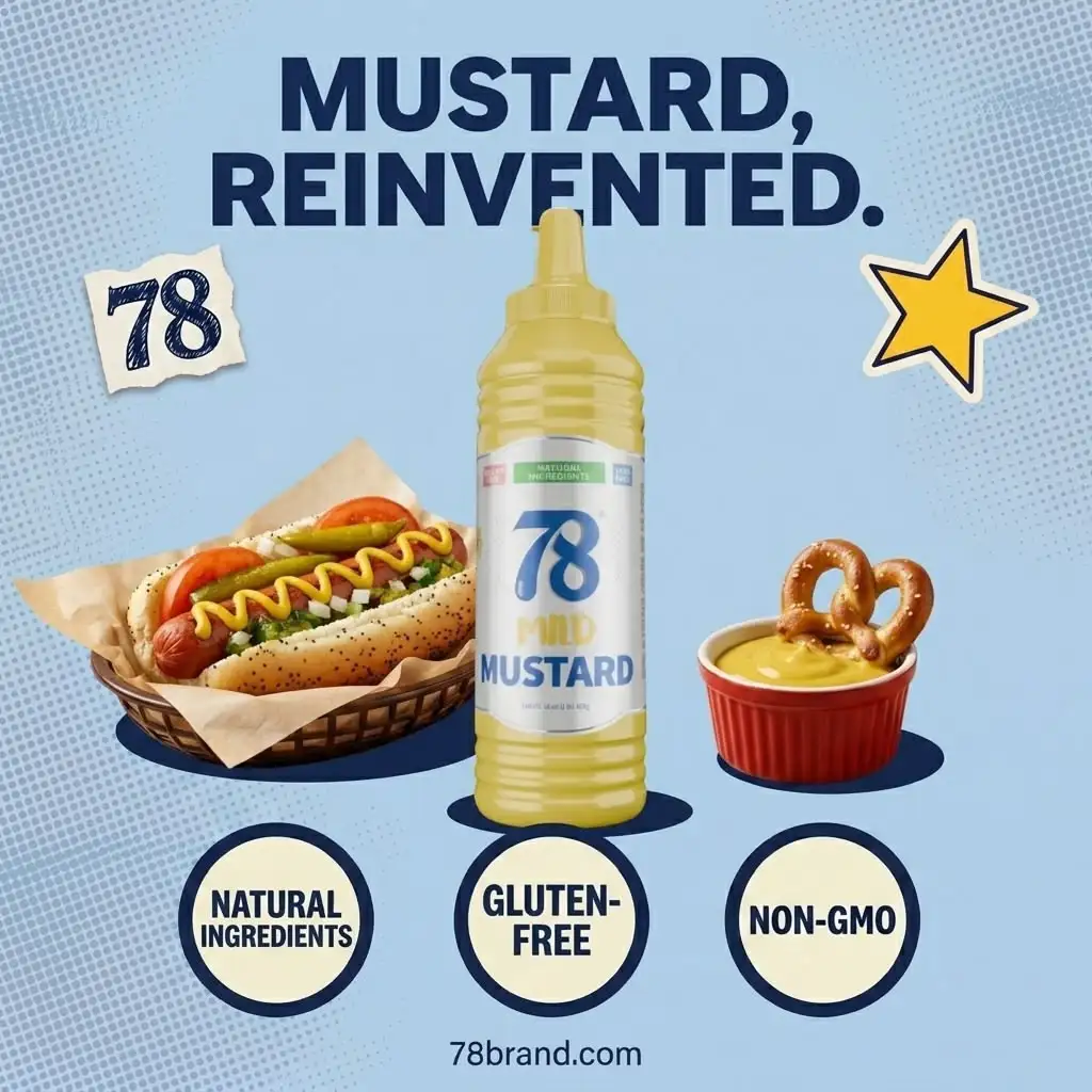 78 Brand Yellow Mustard bottle in the Mustard Reinvented pastel blue collage with Chicago hot dog and pretzel, real turmeric, no dyes, 7 ingredient non-GMO yellow mustard