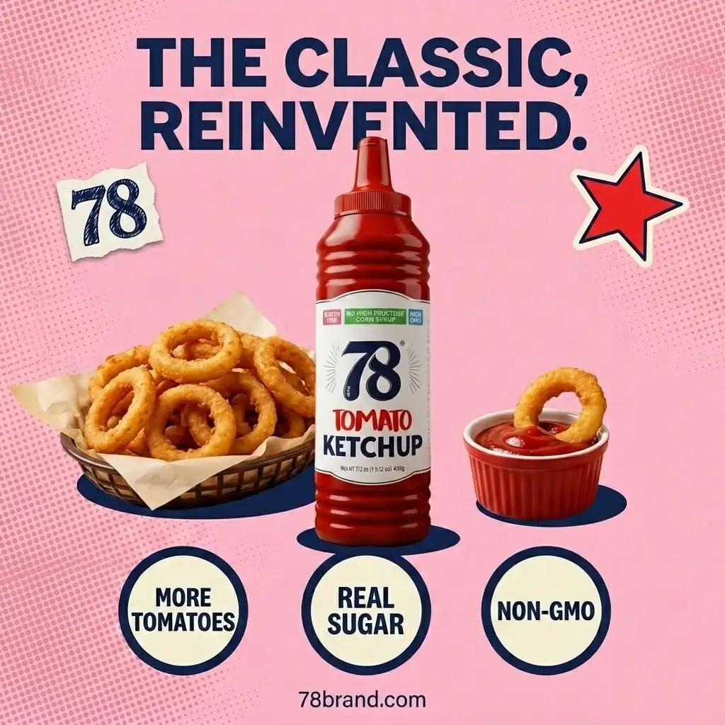78 Brand Original Tomato Ketchup bottle in The Classic Reinvented pastel pink collage, 78% tomatoes, real sugar, no high fructose corn syrup, non-GMO ketchup