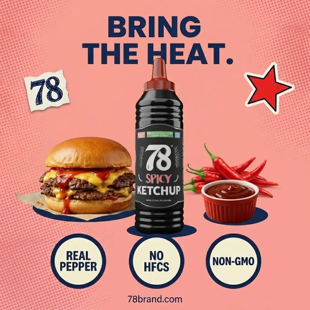 78 Brand Spicy Ketchup bottle in the Bring The Heat pastel red collage with cheeseburger and red chili peppers, real peppers, no high fructose corn syrup, non-GMO spicy ketchup