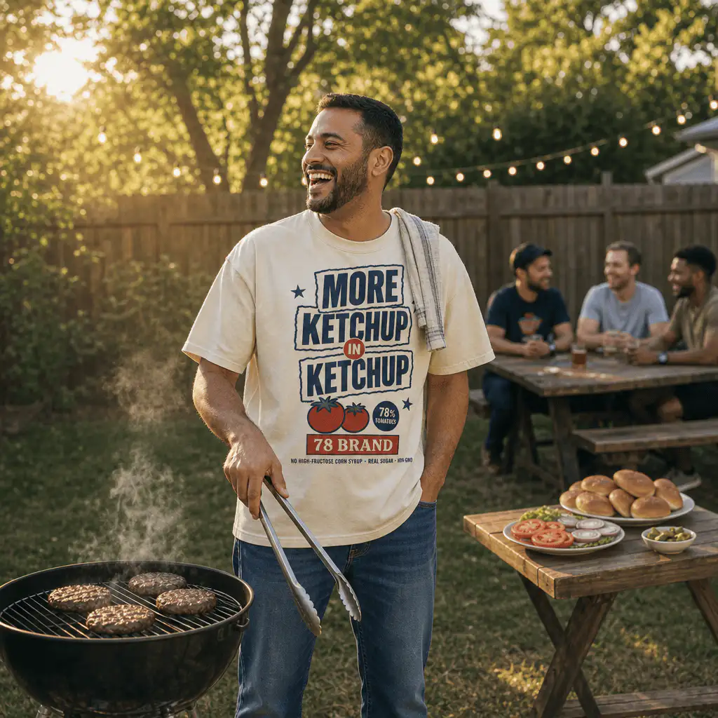 78 Brand More Ketchup in Ketchup tee at a backyard BBQ, 78 Brand swag