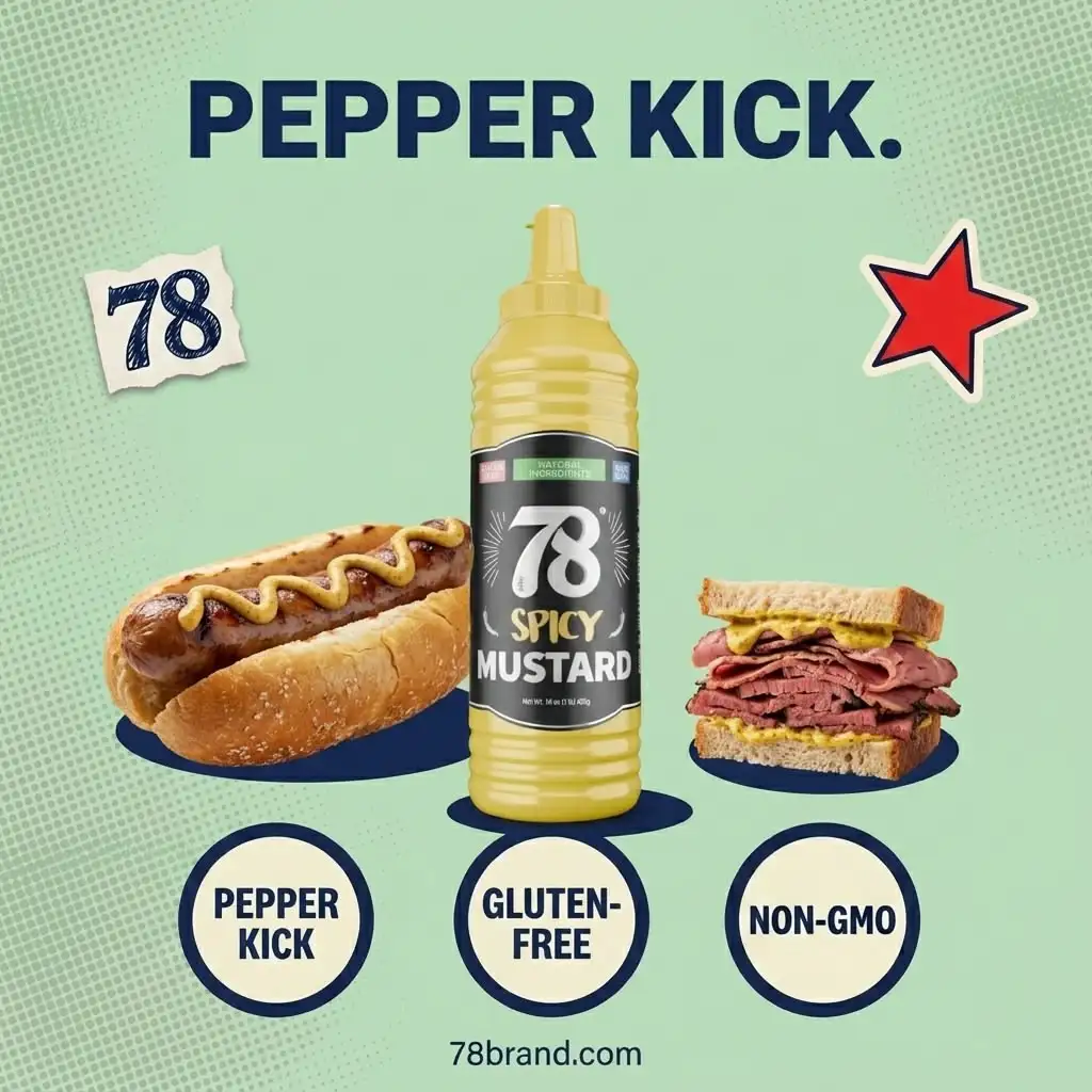 78 Brand Spicy Mustard bottle in the Pepper Kick pastel green collage with hot dog and pastrami sandwich, real turmeric, no dyes, non-GMO spicy mustard