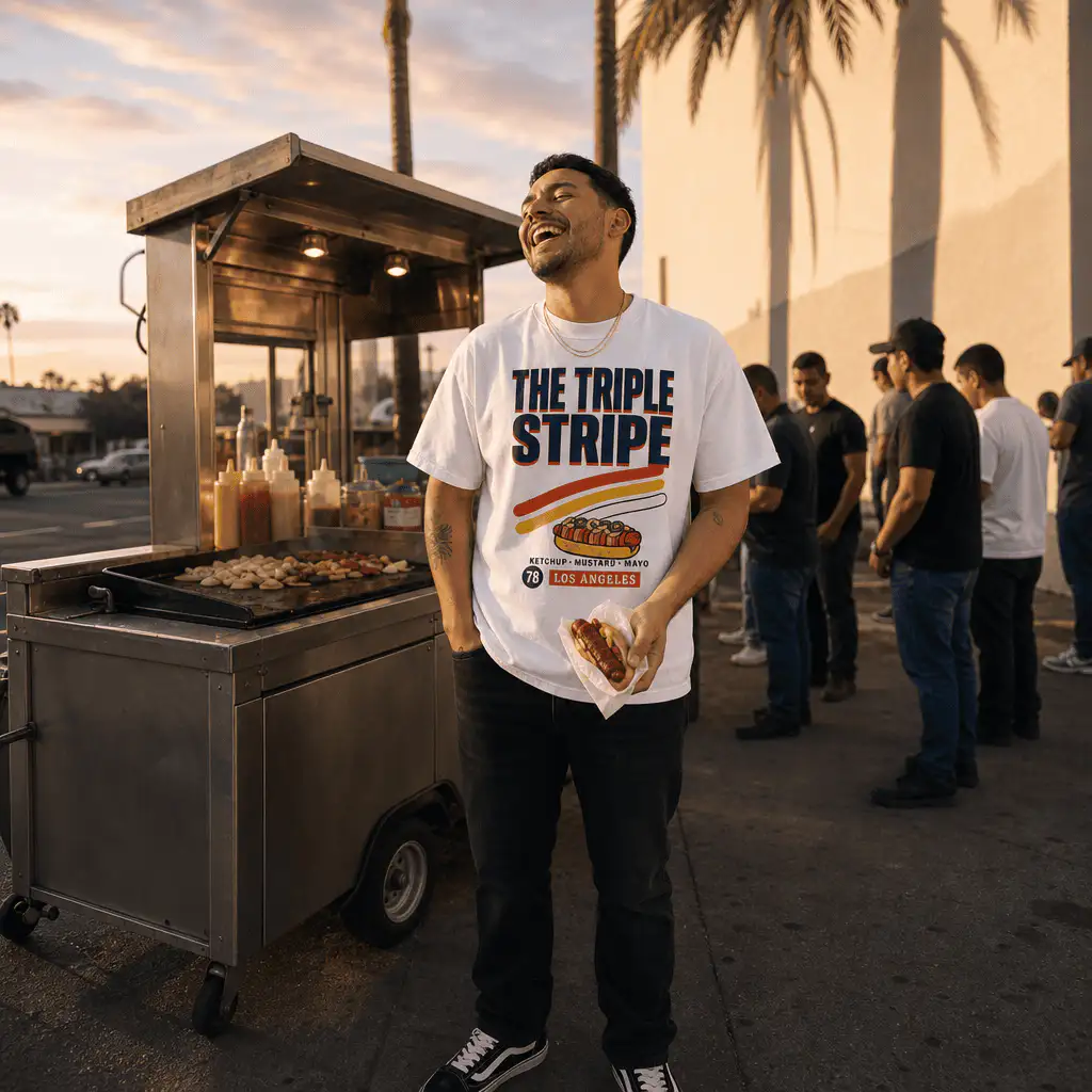 78 Brand Triple Stripe tee at a Los Angeles food cart, model holding a hot dog