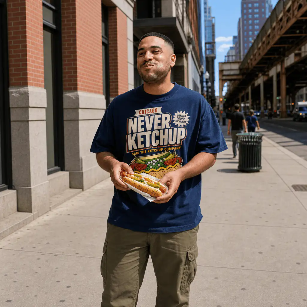 78 Brand Never Ketchup Chicago hot dog tee worn on the street, 78 Brand swag