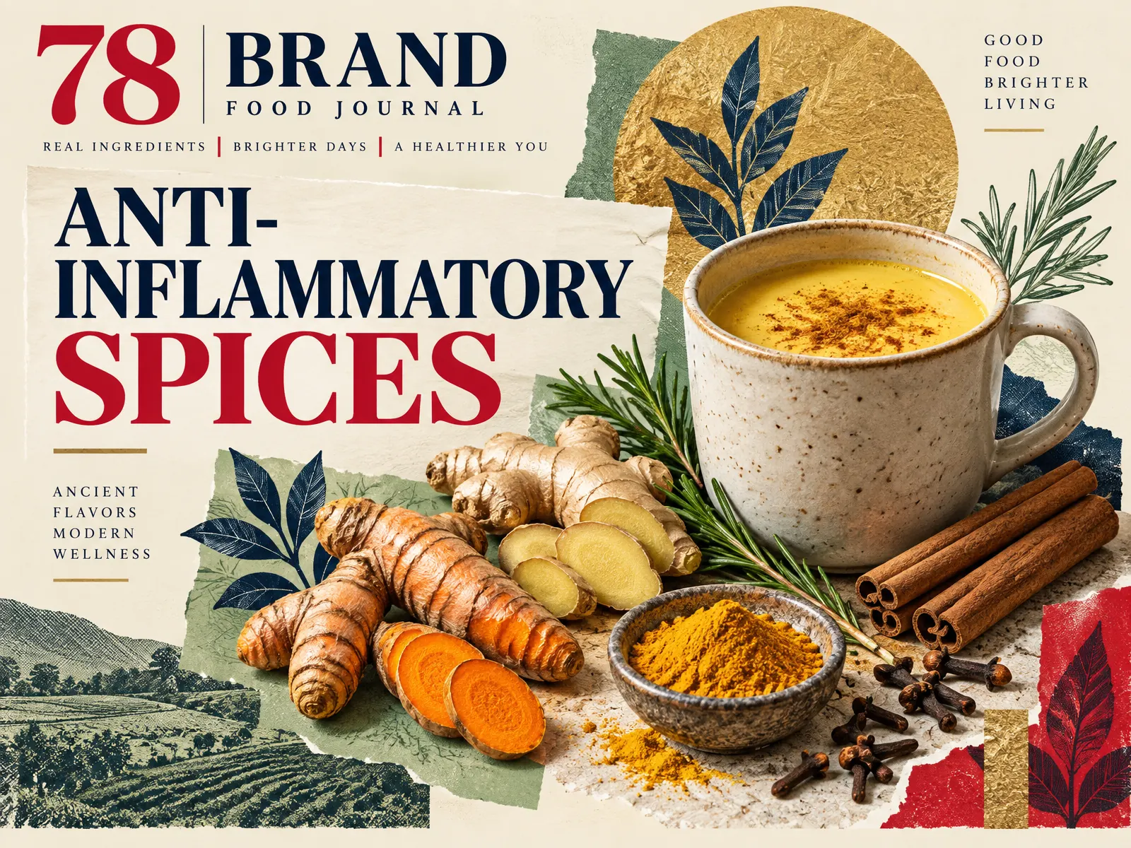 Turmeric, ginger, cinnamon, cloves, rosemary, and golden milk in a calm editorial collage