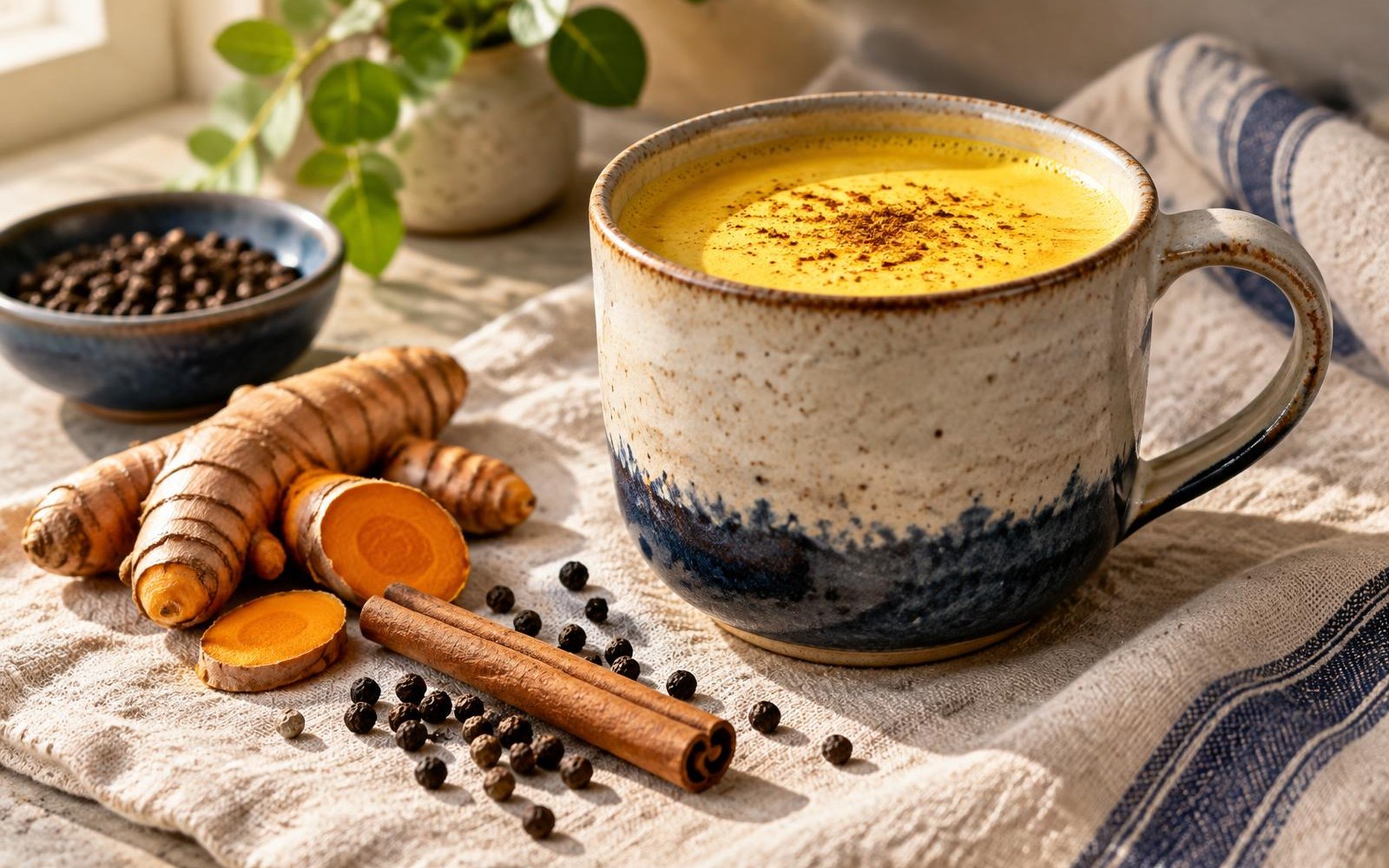 Golden milk beside turmeric root, cinnamon, and black peppercorns in morning light