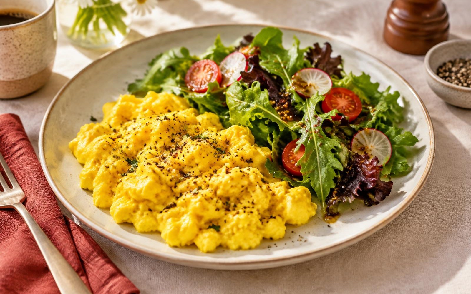 Turmeric scrambled eggs with cracked pepper beside a leafy salad and mustard vinaigrette