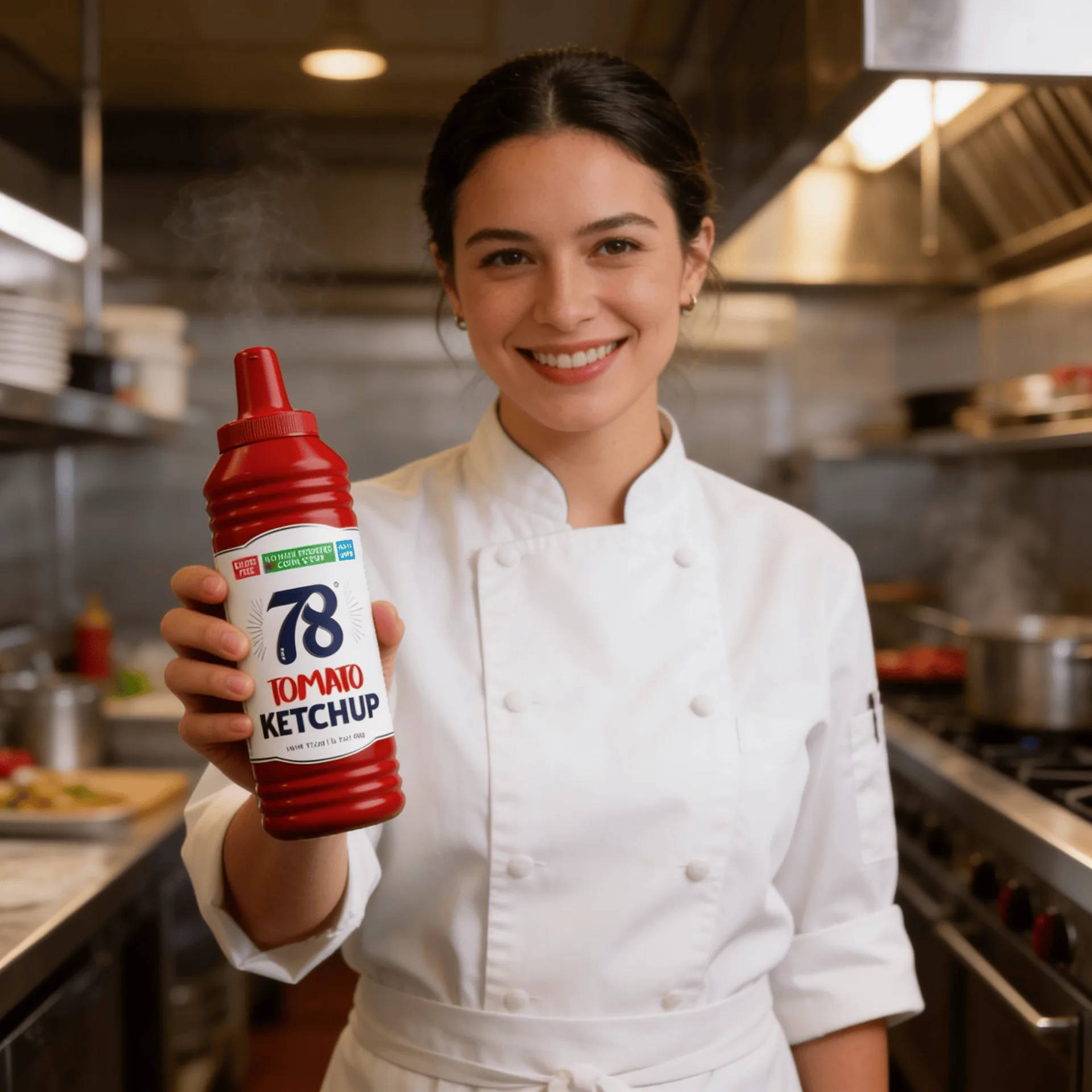 Chef holding a co-branded 78 ketchup bottle at the host stand