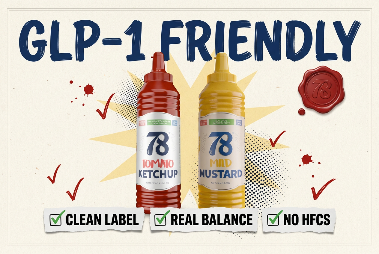 78 Brand tomato ketchup and yellow mustard bottles side by side in a GLP-1 FRIENDLY editorial collage with clean label, real balance, and no HFCS checklist
