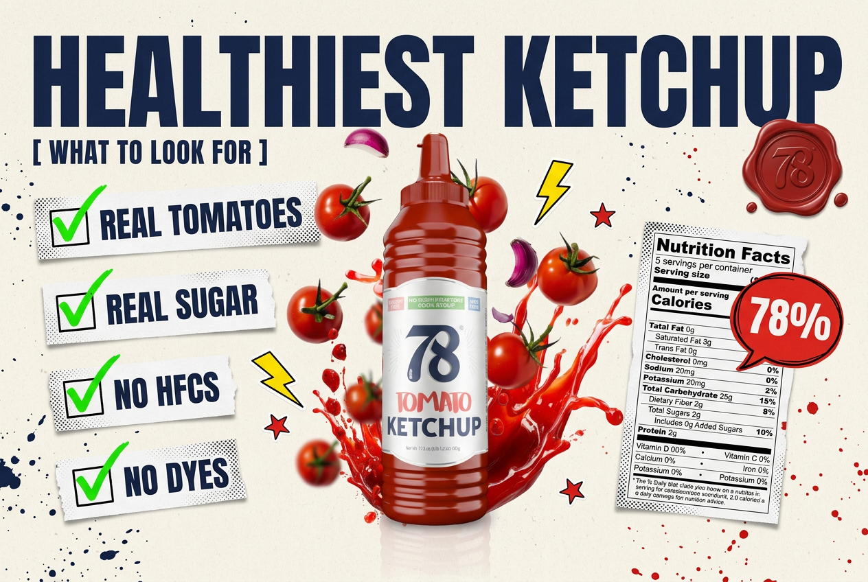 78 Brand tomato ketchup bottle at center of a HEALTHIEST KETCHUP editorial collage with real tomatoes, real sugar, no HFCS, no dyes checklist and nutrition facts label