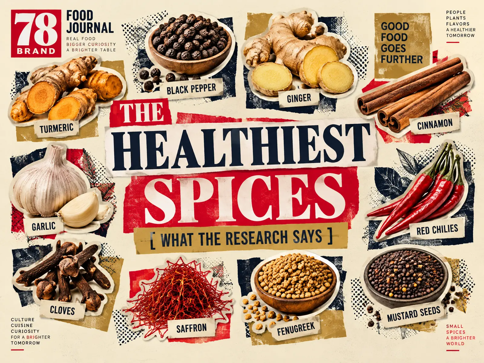 Ten researched spices arranged as cut-out stickers in a 78 Brand editorial collage