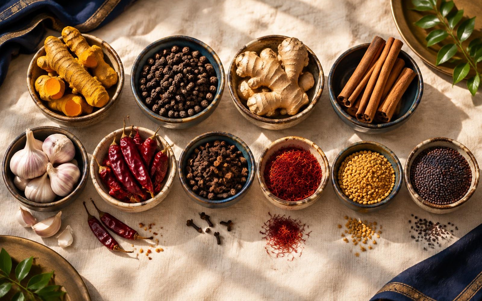 Ten ceramic bowls of whole spices arranged on cream linen in morning light
