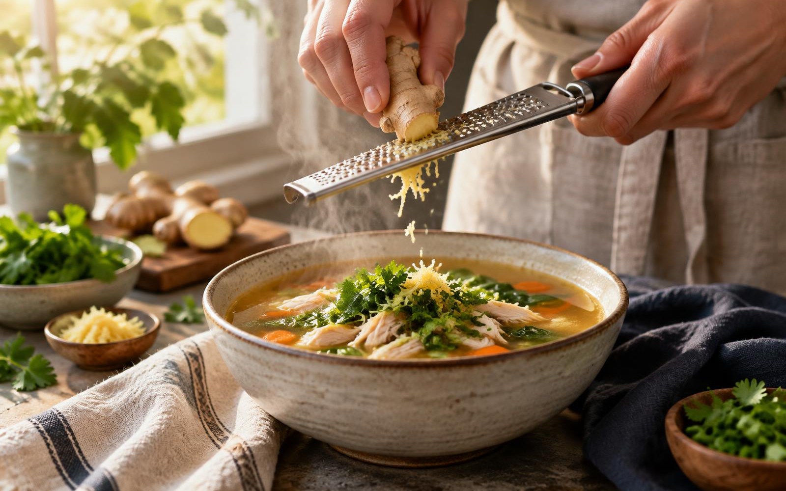 Hands grating fresh ginger over a steaming bowl of soup with herbs
