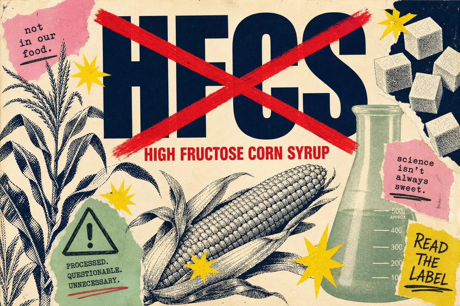 Editorial collage with HFCS crossed out in red, why 78 Brand natural ketchup uses no high fructose corn syrup