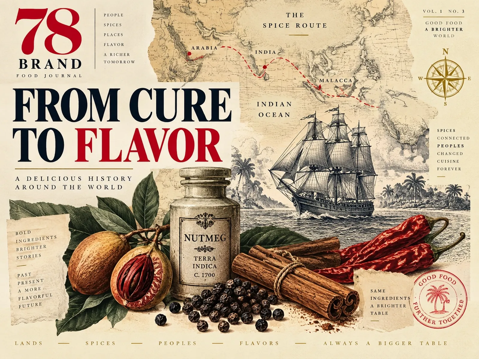 Antique spice-route map, sailing ship, nutmeg, pepper, cinnamon, and chilies in a historical editorial collage
