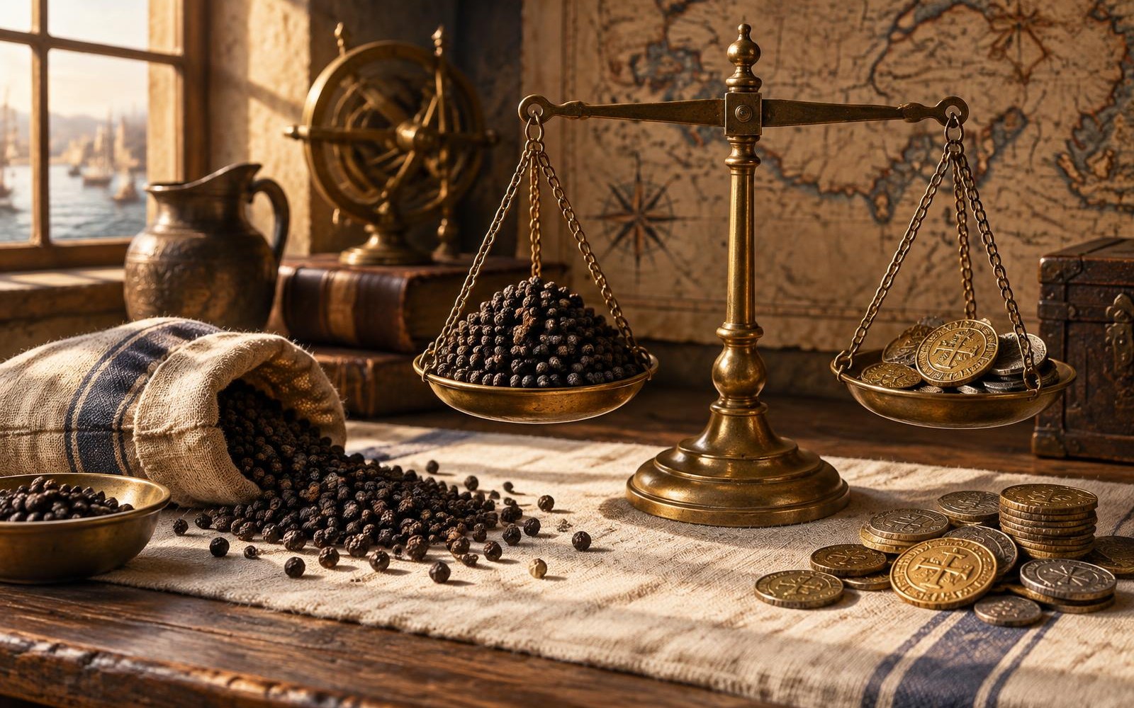Antique brass scale weighing black peppercorns beside old coins and a spice-route map