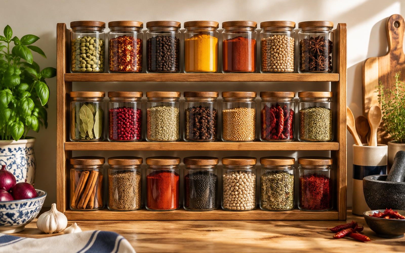 Modern wooden spice rack filled with glass jars in warm kitchen light
