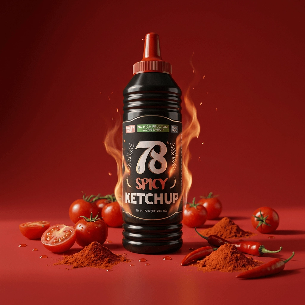 78 Spicy Ketchup bottle with flames, tomatoes and chili powder