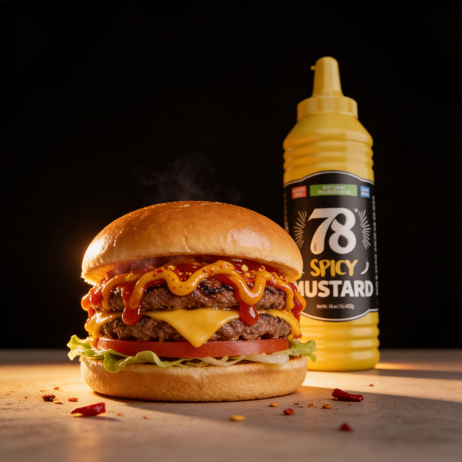 78 Spicy Mustard bottle next to a juicy cheeseburger