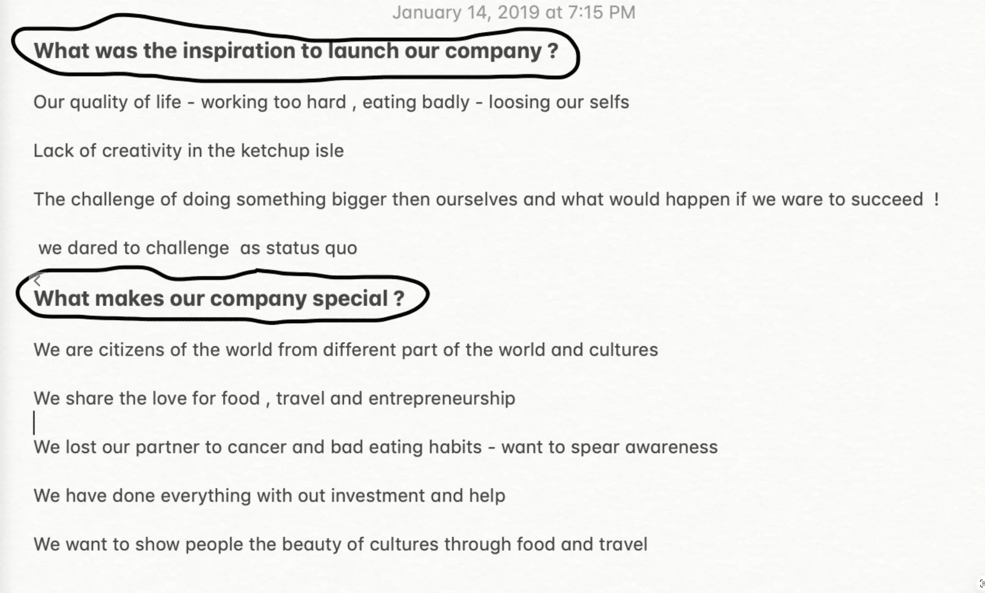 Handwritten founder notes from January 14, 2019 listing the inspiration to launch 78 Brand and what makes the company special