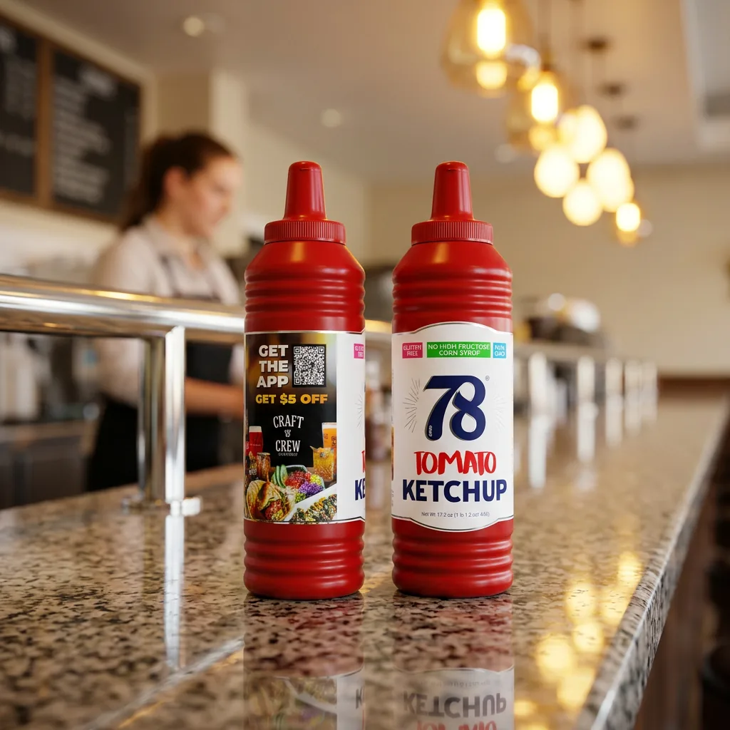 Chef in a restaurant kitchen holding a co-branded 78 ketchup bottle