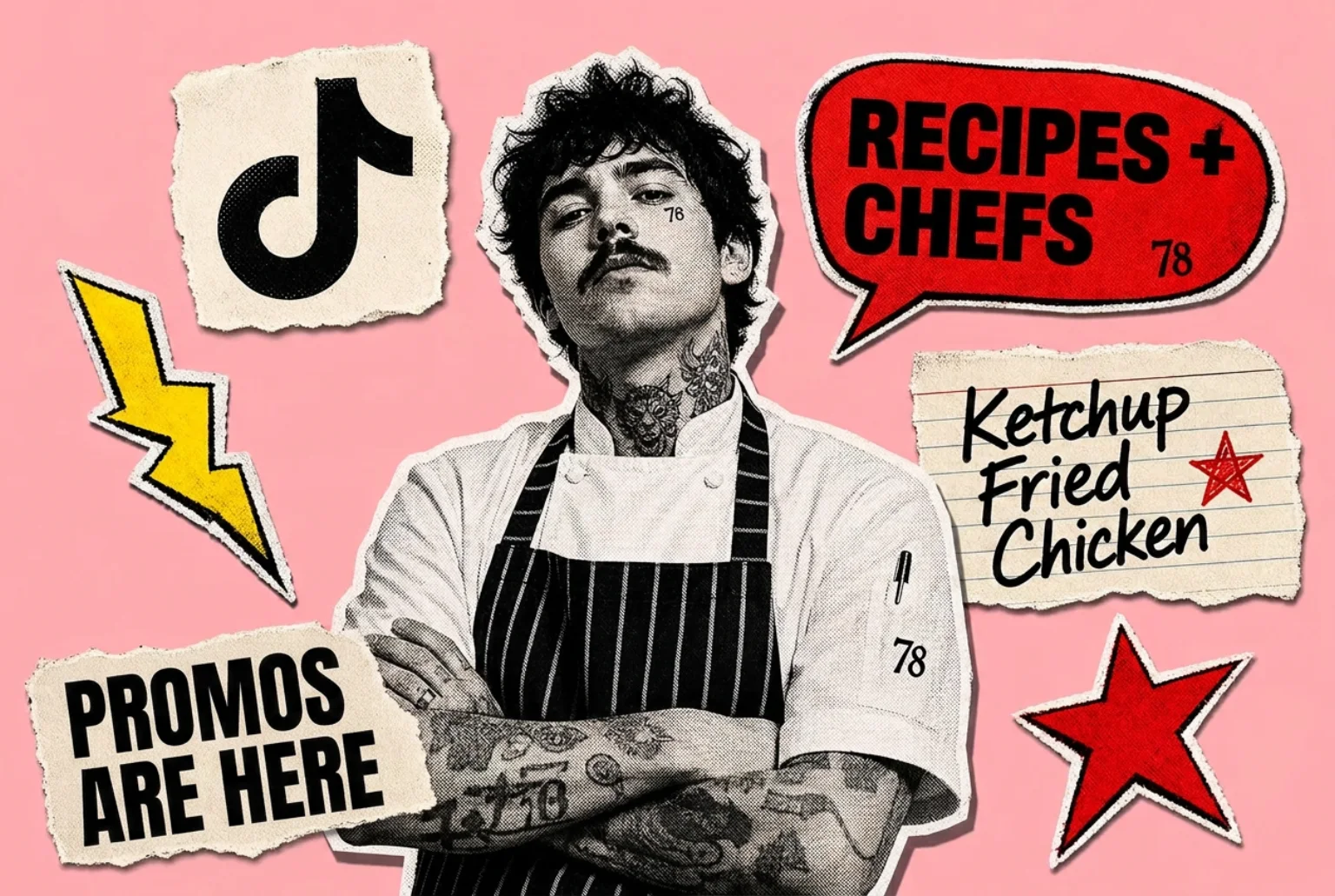 78 Brand social collage with chef portrait, recipes and chefs speech bubble, and promos are here sticker for non-GMO ketchup