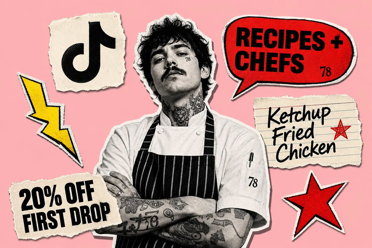 78 Brand TikTok collage with chef portrait, recipes and chefs speech bubble, and 20 percent off first drop sticker for natural non-GMO ketchup