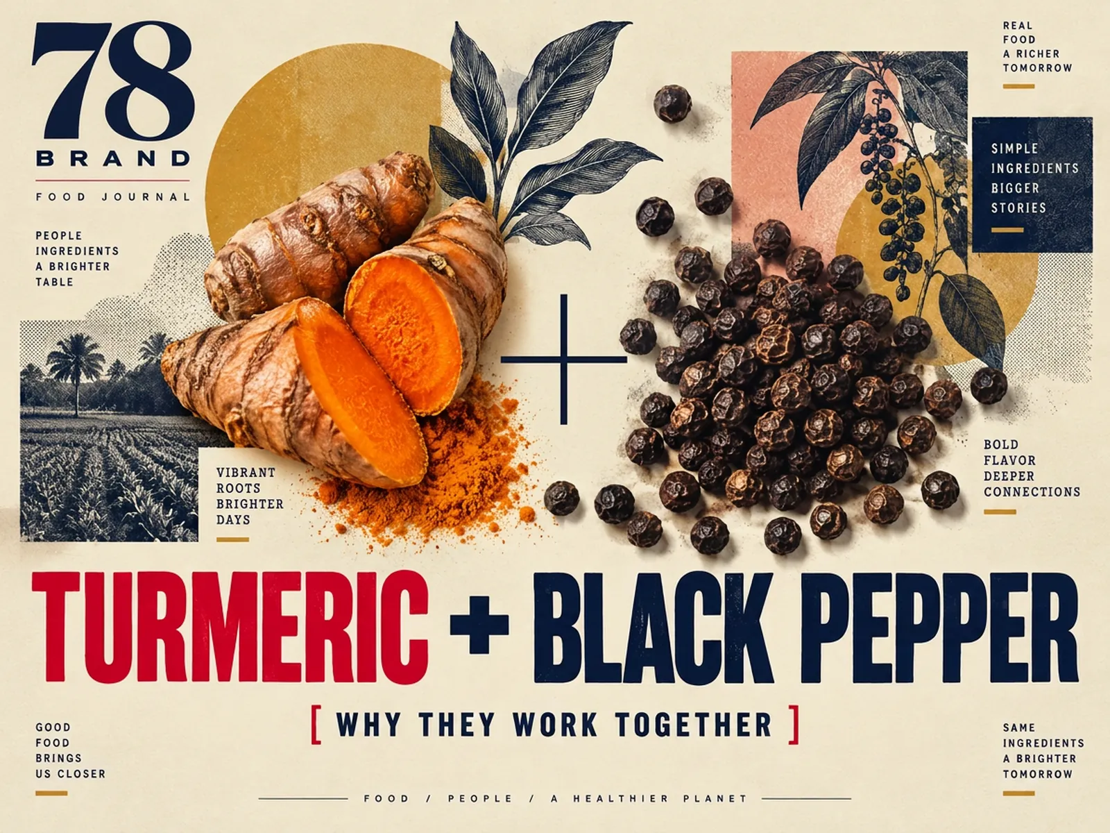 Turmeric root and black peppercorns joined by a plus sign in a 78 Brand editorial collage