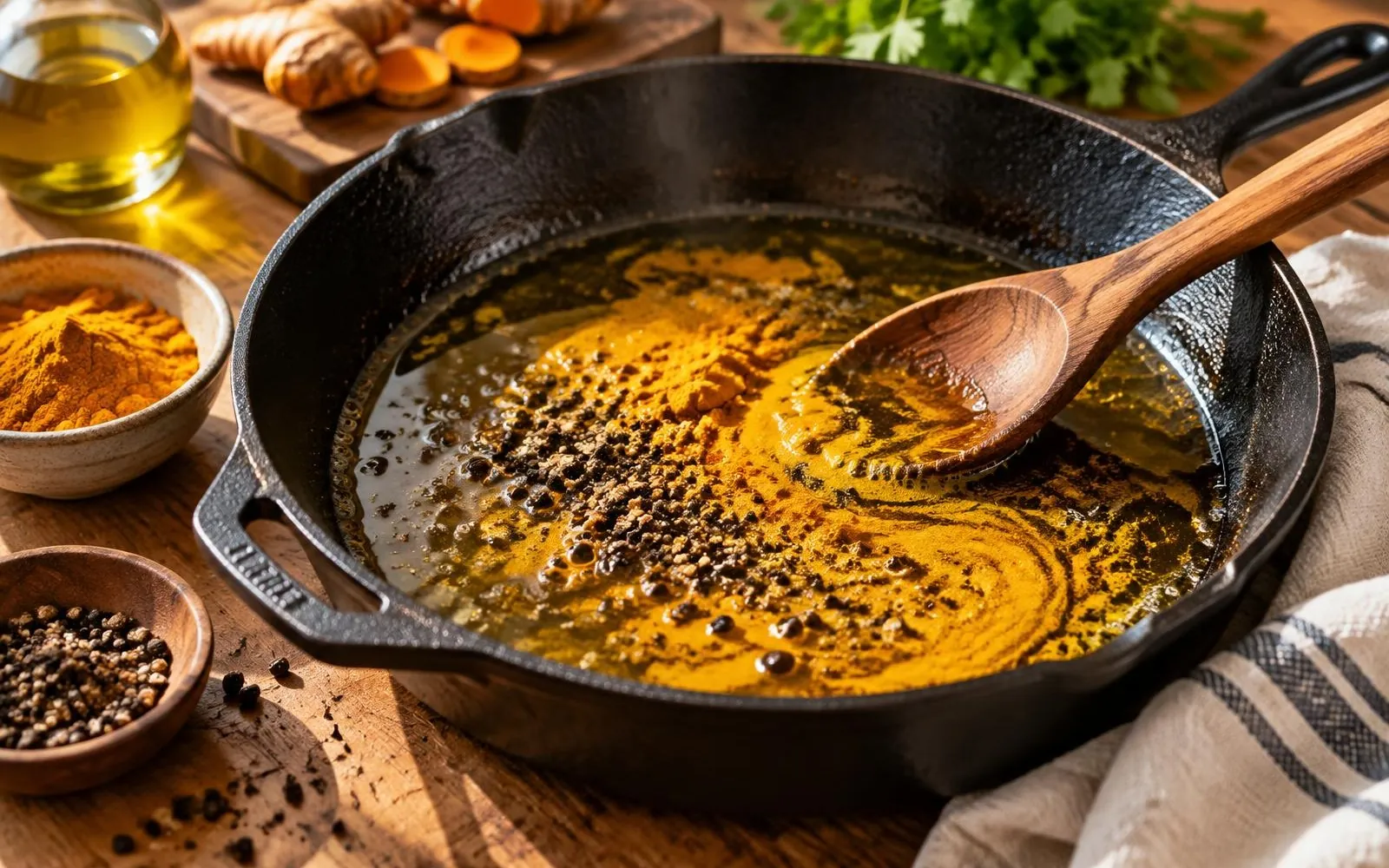 Turmeric and cracked black pepper blooming in oil in a cast iron pan