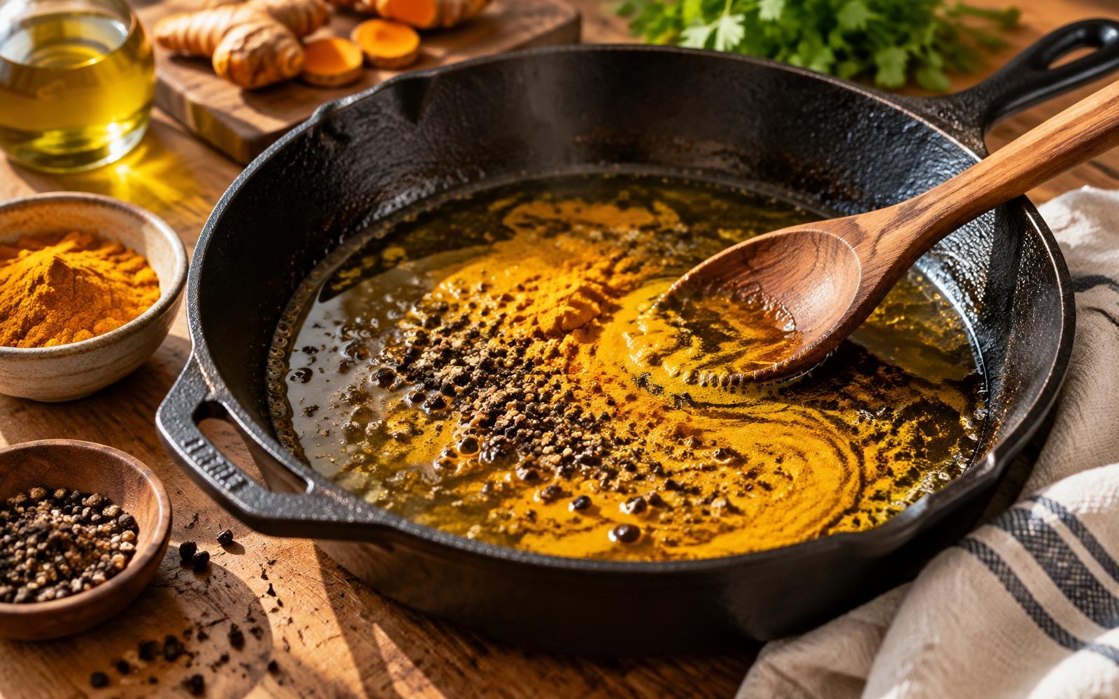 Turmeric and cracked black pepper blooming in oil in a cast iron pan