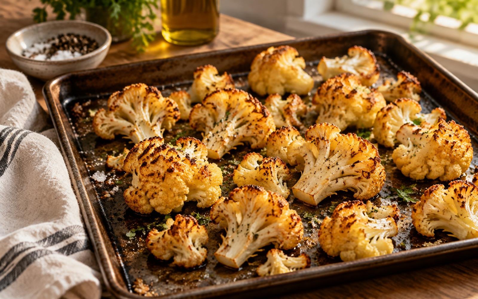 Roasted golden cauliflower finished with cracked black pepper on a sheet pan