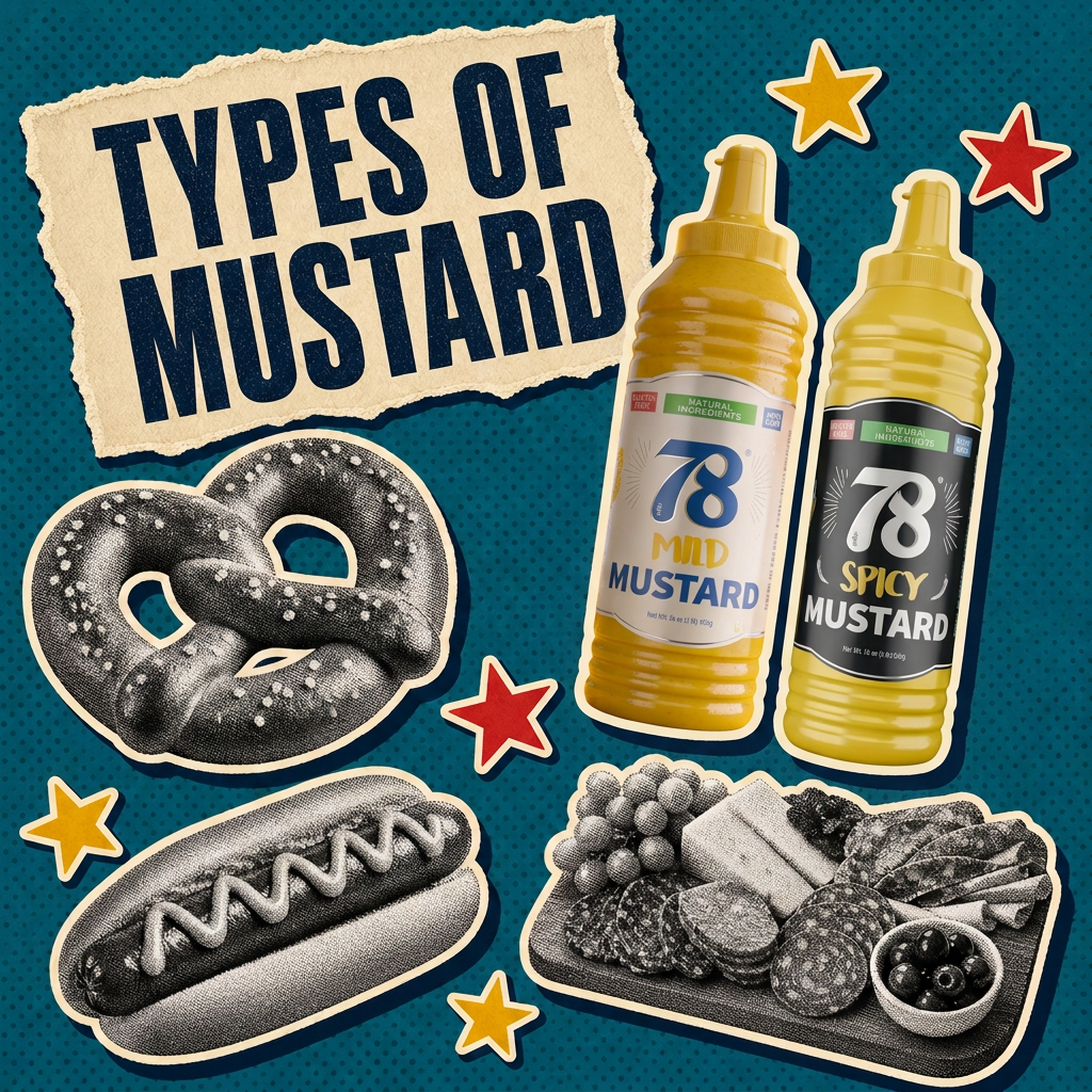 TYPES OF MUSTARD teal sticker collage with 78 Yellow and Spicy Mustard bottles, pretzel, hot dog, charcuterie board, and star stickers