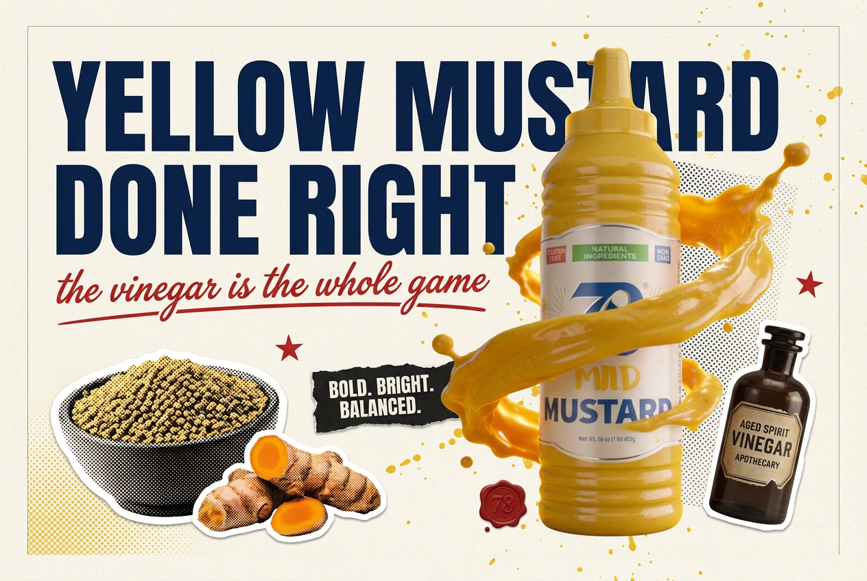 78 Brand yellow mustard bottle in a YELLOW MUSTARD DONE RIGHT editorial collage with mustard seeds, turmeric root, and an aged spirit vinegar apothecary bottle cameo